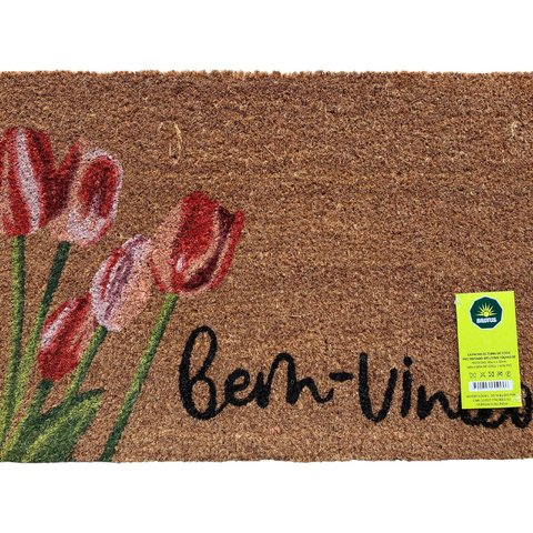 Capacho de Fibra de Coco Pvc Pintado Bem Vindo Tulipas 40cm X 60cm