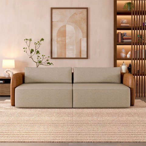 Sofá Living Sala de Estar Abel 220cm Bipartido Pés de Madeira Pu/linho Caramelo/bege Escuro G33 - Gr