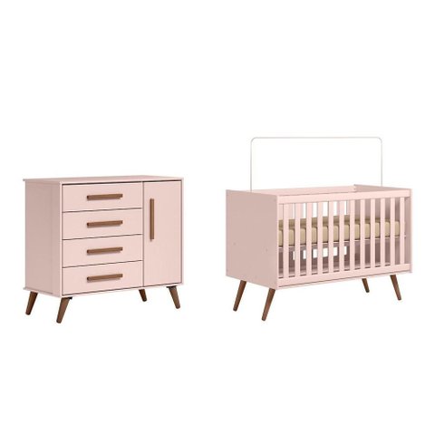 Quarto Infantil Encanto Retrô com Berço e Cômoda Sapateira Rosa - Fdecor