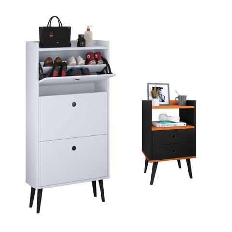 Kit Quarto Sapateira 3 Gavetas Basculantes Branco e Mesinha Lateral Pequena Nicho Preto/Cinamomo