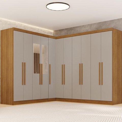 Guarda-Roupa Casal Modulado Canto com Espelho 11 Portas 4 Gavetas Multimóveis Cinamomo/Off White