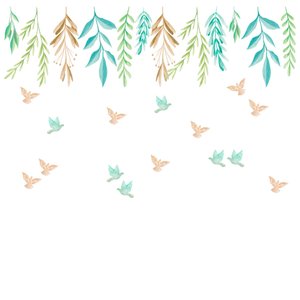 Adesivo de Parede Infantil Raminhos Caídos - Cor Verde Adesivos Primeiro Quarto 3 Cartelas + Pássaro