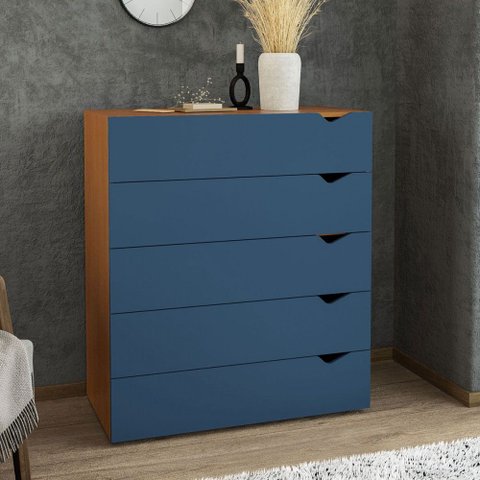 Cômoda Porto 5 Gavetas Freijó/azul - Politorno