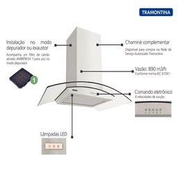Coifa de Ilha Tramontina 90 Cm New Vetro Isla em Aço Inox e Vidro Temperado - 220 Volts - 4