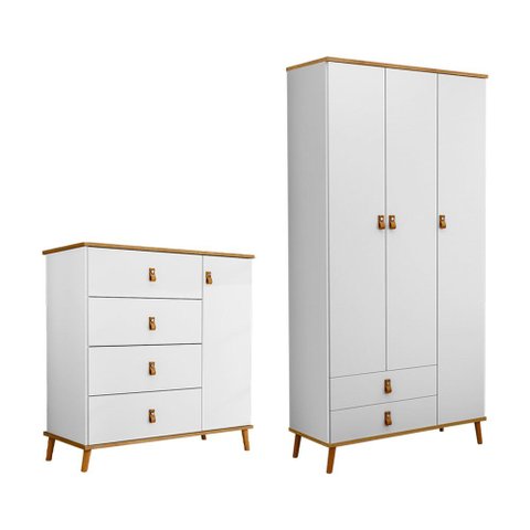 Conjunto Jujuba Roupeiro e Cômoda MDF Nature e Branco Infantil Quarto Completo Moderno Organizador