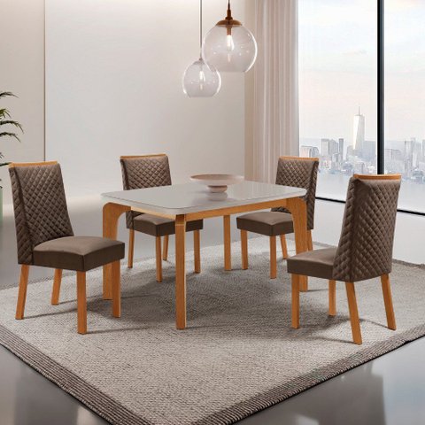 Mesa de Jantar Liz 120cm Tampo MDF Vidro Canto Copo com 4 Cadeiras Yasmin