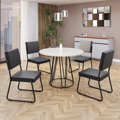 Conjunto Sala de Jantar Mesa Redonda 100cm Base Omega Tampo MDF Laca com Vidro Napoli Preto