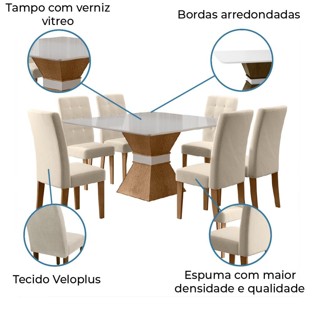 Conjunto de Mesa Sala de Jantar Mônaco com 6 Cadeiras Carvalho/Off White/Bege Quadrada 1,36m Dobu - 5