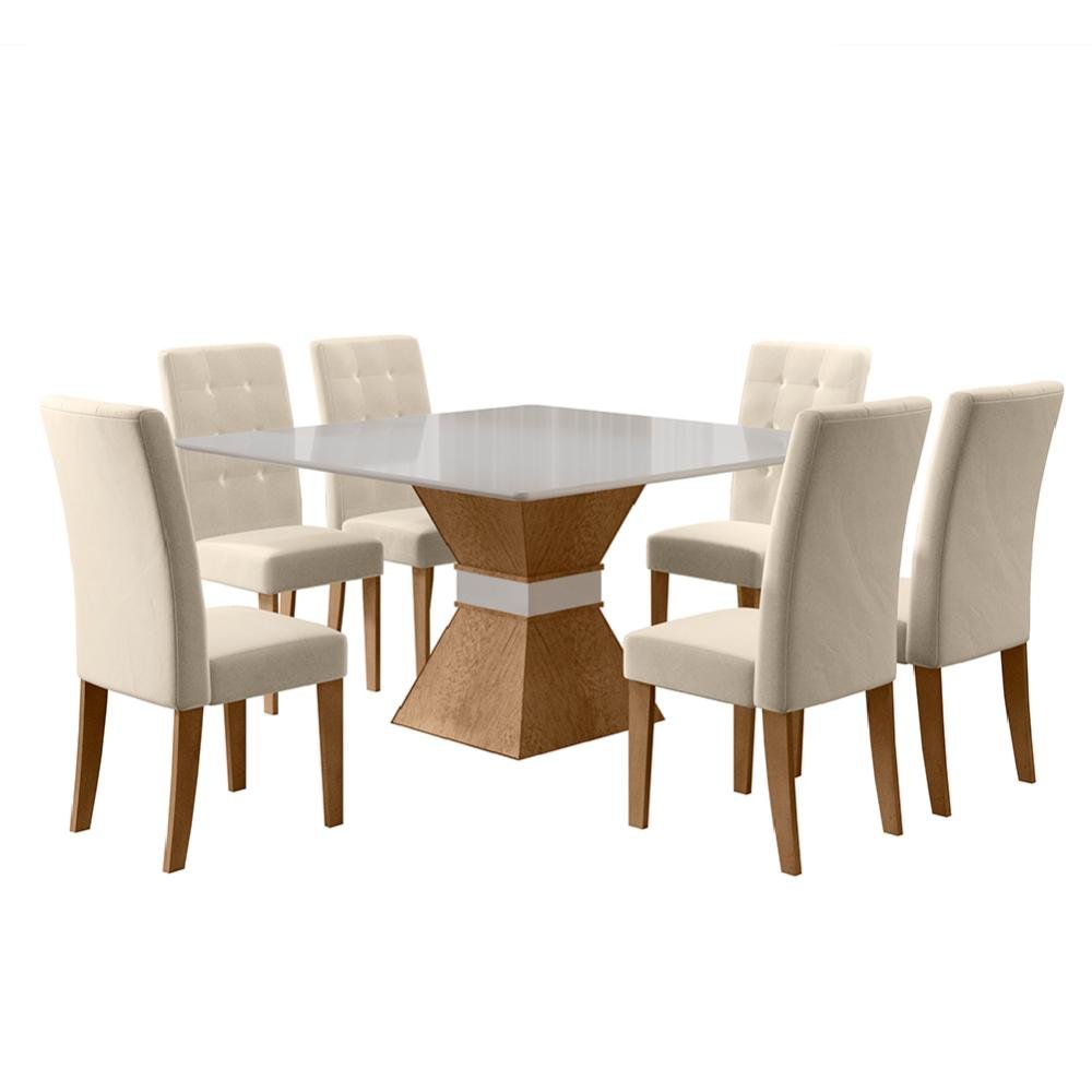 Conjunto de Mesa Sala de Jantar Mônaco com 6 Cadeiras Carvalho/Off White/Bege Quadrada 1,36m Dobu - 2