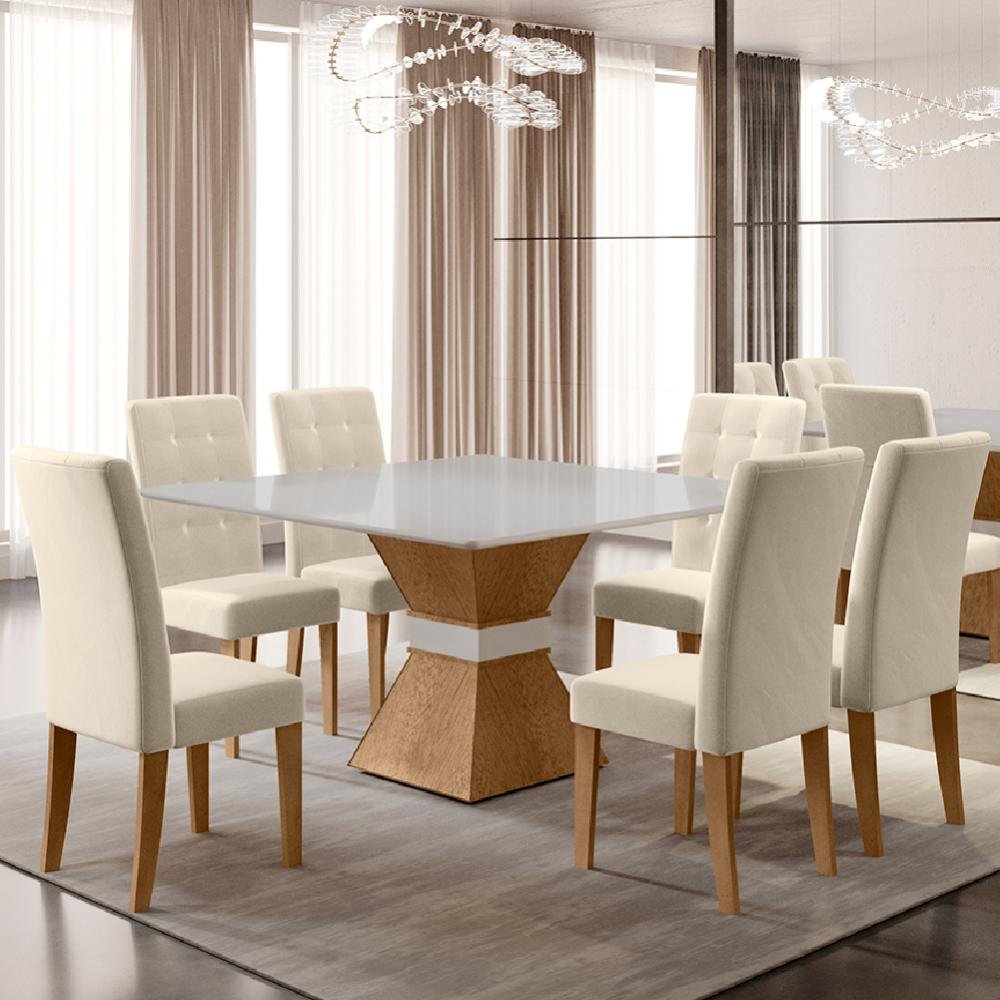 Conjunto de Mesa Sala de Jantar Mônaco com 6 Cadeiras Carvalho/Off White/Bege Quadrada 1,36m Dobu - 8