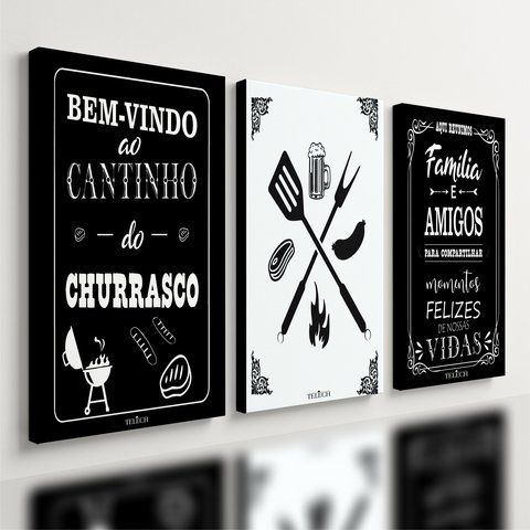 Kit 3 Quadro Decorativo Churrasco Área Gourmet Carne Preto 40x28cm
