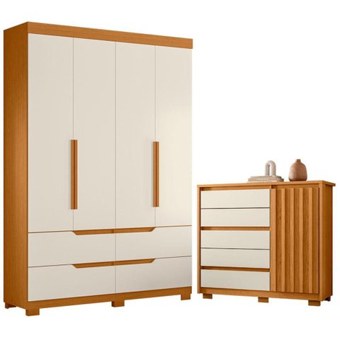 Guarda Roupa Solteiro Doble 04 Portas e Cômoda Sapateira Duetto Cinamomo Off White - Móveis