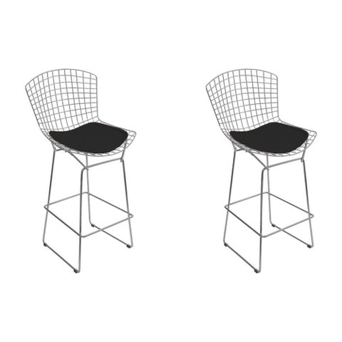 Kit 2 Banquetas Bertoia Cromada D60 com Assento Sintético Preto Cor Preto