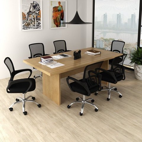 Kit 7 Peças com Uma Mesa de Reunião e 6 Cadeiras de Escritório Tela Mesh Espresso Móveis Marrom/Amêndoa/Preto