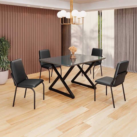 Conjunto Sala de Jantar Mesa 120x90cm Base Império Tampo Mdf Laca com Vidro Malibu