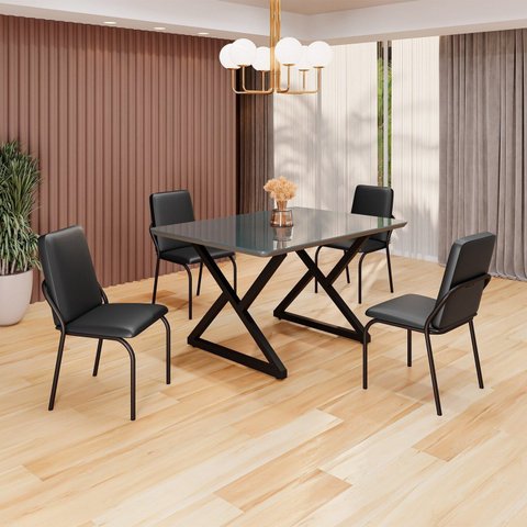 Conjunto Sala de Jantar Mesa 120x90cm Base Império Tampo MDF Laca com Vidro Malibu Preto