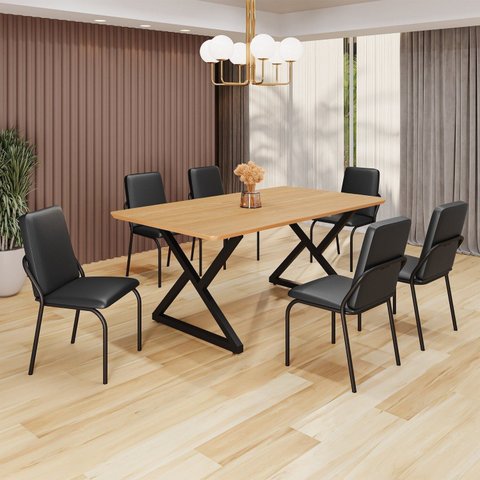 Conjunto Sala de Jantar Mesa 160x90cm Base Império Tampo MDF Malibu Preto