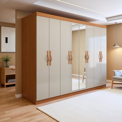 Guarda-Roupa Casal 8 Portas 6 Gavetas com Espelho MDF 236cm Serenata Marrom Amêndoa Clean/Off White