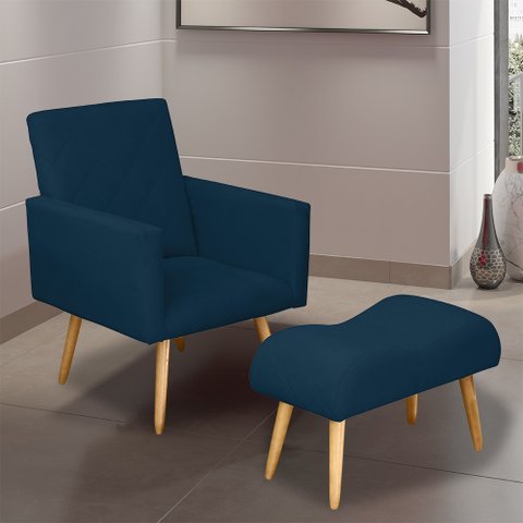 Poltrona Decorativa Nina e Banqueta Josi Suede Azul Marinho - MV Estofados Shop