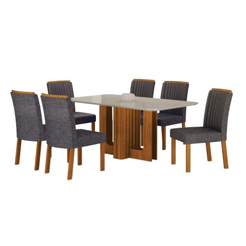 Conjunto Sala de Jantar Sofia 1,60m Tampo Vidro Off com 6 Cadeiras Jade Cinamomo/Linho Chumbo