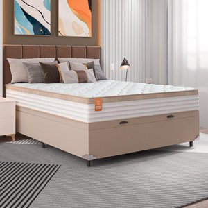 Cama Box Baú Casal Colchão Molas Ensacadas Real 138x188x68cm Branco / Bege - Suporta até 130Kg