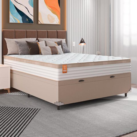 Cama Box Baú Casal Colchão Molas Ensacadas Real 138x188x68cm Branco / Bege - Suporta até 130Kg