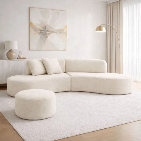 Sofá e Puff Orgânico Virginia 300cm Sala Suede:Marfim