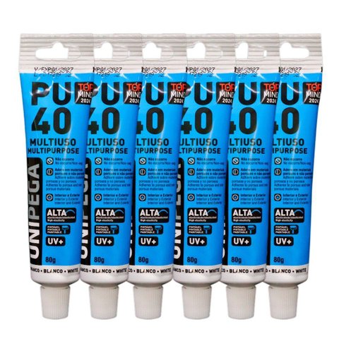 Kit 6 Adesivos Selante Pu 40 Bisnaga Plástica Unipega Branco 80g/50ml