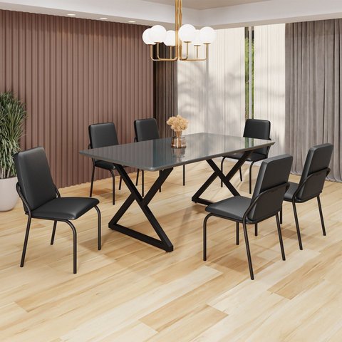 Conjunto Sala de Jantar Mesa 160x90cm Base Império Tampo MDF Laca com Vidro Malibu Preto