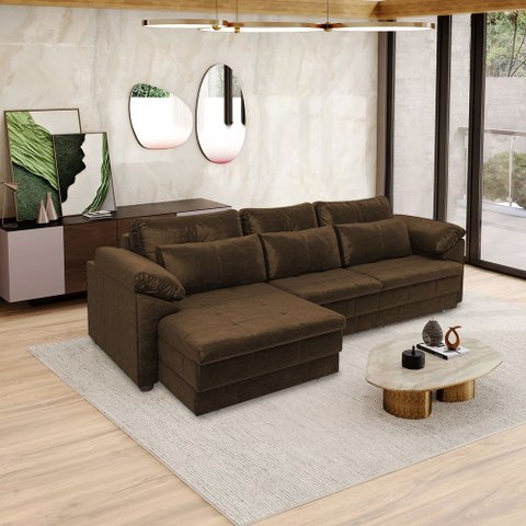 Sofá Retrátil Manual Sala de Estar Nolan Bipartido 297cm Conforto Premium em Couro Marrom Chocolate 
