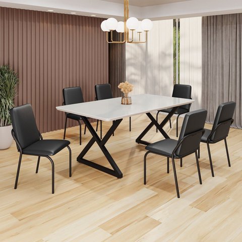 Conjunto Sala de Jantar Mesa 160x90cm Base Império Tampo MDF Laca com Vidro Malibu Preto