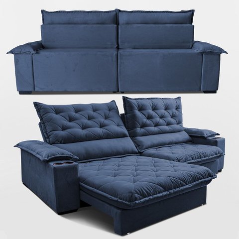 Sofá Retrátil e Reclinável 2,45m Stadium Molas Ensacadas Velupluma Azul Cama Inbox
