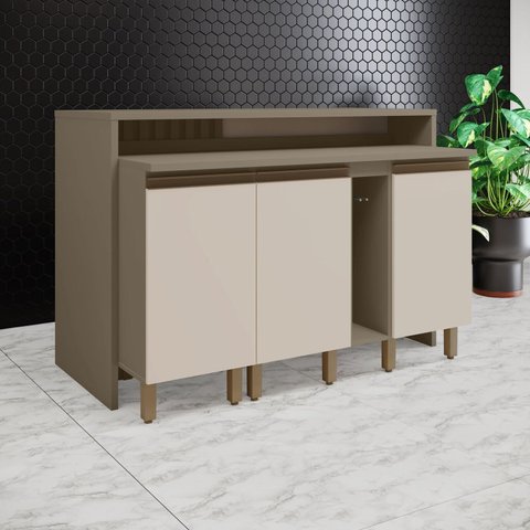 Kit Ilha Gourmet 3 Portas com Tampo Connect Marrom/Duna/Cristal