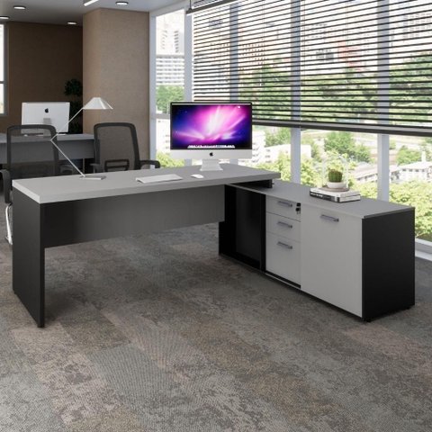 Mesa de Escritório em L com Armário Lateral F5 Office g Moderno 3 Gavetas 170cm Cinza Sagrado