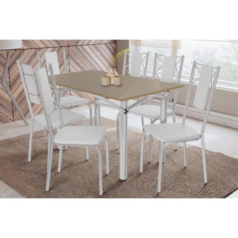 Conjunto: Mesa Sala Jantar Elba Tampo Madeirado C/ Vidro 120cm e 6 Cadeiras Lisboa Cromada/freijo