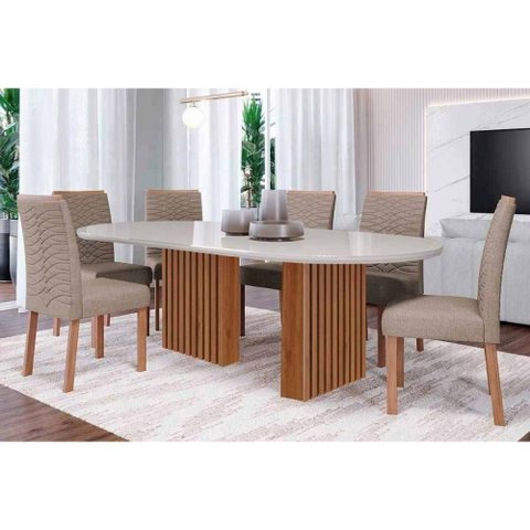 Sala de Jantar Completa Ester Tampo Madeirado Oval C/ Vidro 210x100cm e 6 Cadeiras Clarice Cinamomo/