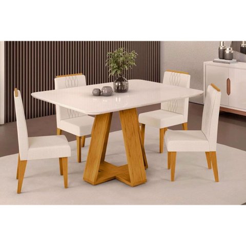 Sala de Jantar Completa Celeste Tampo Madeirado C/ Vidro Curvo 120x90cm e 4 Cadeiras Lia Cedro/off