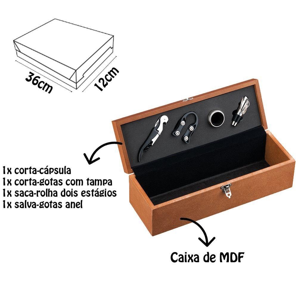 Caixa Presente Madeira Mdf P/ Garrafa de Vinho 4 Acessórios - 2