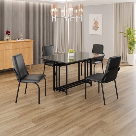Conjunto Sala de Jantar Mesa 120x90cm Base Pérola Tampo MDF com Vidro Malibu Preto/Fosco