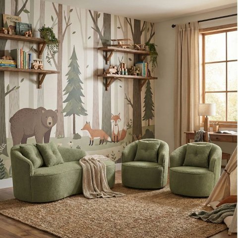 Kit Sofá Orgânico Curvo Feijão + 02 Poltronas Estúdio Amore Bouclê Verde Oliva - Montanaris Decor