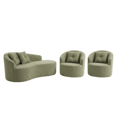 Kit Sofá Orgânico Curvo Feijão + 02 Poltronas Sala Estúdio Amore Bouclê Verde Oliva - Vimont Moveis