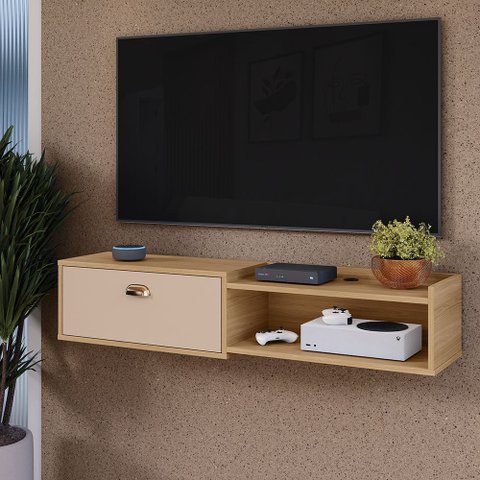 Rack Home Suspenso 1.20 Estante Tv 42" Bancada Flutuante 1 Porta Nicho Decoração Sala Quarto Retrô
