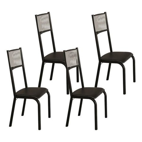 Kit 4 Cadeiras Sofia Corino Preto e Fibra Nautica Champanhe Tubo Preto Fosco