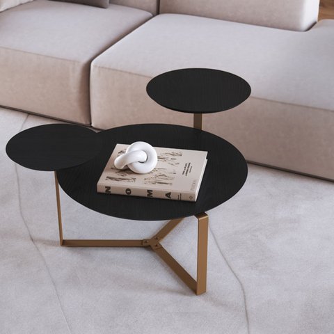 Mesa de Centro Orgânica Três Tampos Chanfrada 83cm Pé Metal Móvel na Caixa
