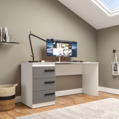 Mesa Escrivaninha Valência Home Office 3 Gavetas 163x77cm Cinza/Branco 250693