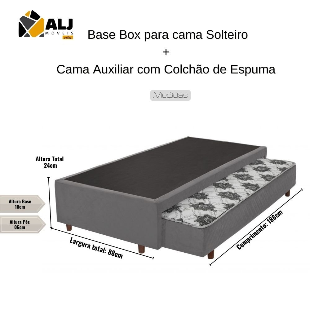 Base Box + Cama Auxiliar com Colchão de Espuma Solteiro 88x188x24cm Cinza Cristalflex - 2