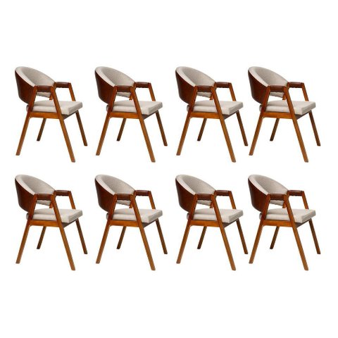Kit 8 Cadeiras Sala de Jantar Premium com Braço Madeira Maciça Linho Movellu Home