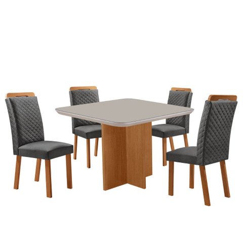 Mesa de Jantar Olimpia 90cm Tampo MDF Vidro Canto Copo com 4 Cadeiras Lorena