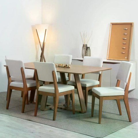 Conjunto de Jantar Mesa Avena 6 Cadeiras Ella - Canella C/ Off White