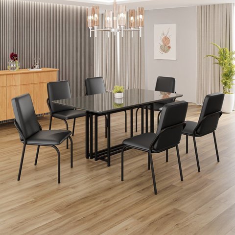 Conjunto Sala de Jantar Mesa 160x90cm Base Pérola Tampo MDF com Vidro Malibu Preto/Fosco/Grafite